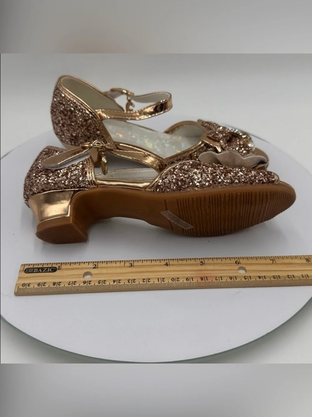 Girls Rose Gold Glitter Bow Dress Sandals with Pearl Accent Size 13